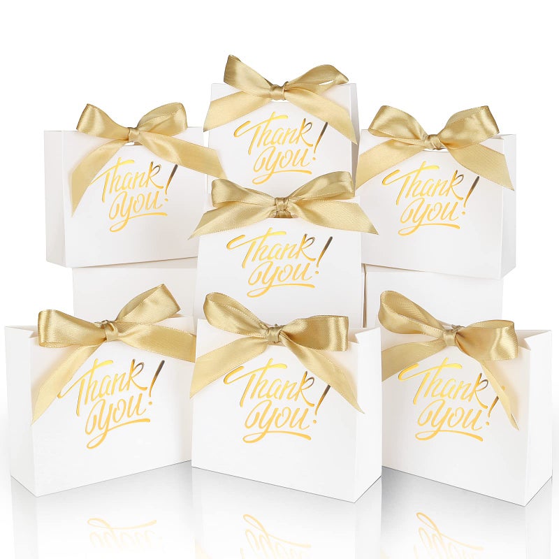 DOYIDE 100 Pack Small Thank You Gift Bags 45x18x39in Party Favor Bags Boxes with Bow Ribbon Small Paper Gift Bags with Gold Foil Printed Mini Candy Treat Bags for Birthday Wedding Party Holiday